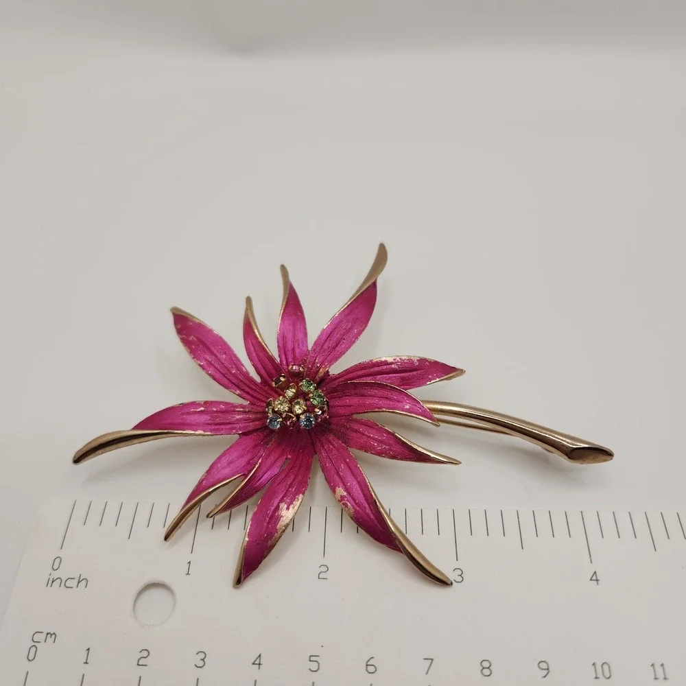 Vintage Magenta Enamel Flower Brooch Mod Pop Art Rhinestone Center Large 4.25